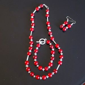 NEW Handmade Red Beaded Jewelry Set Necklace Bracelet Earrings